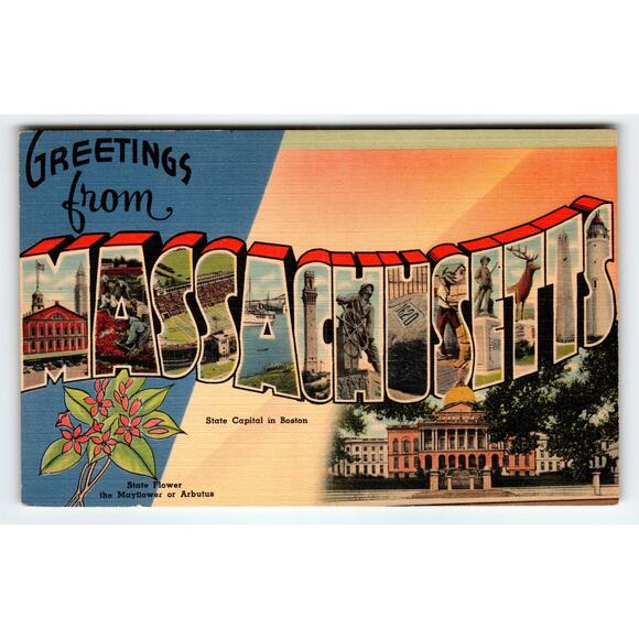 Vintage Massachusetts State Capital Linen Postcard by Tichnor Bros Large Letter - Picture 1 of 2
